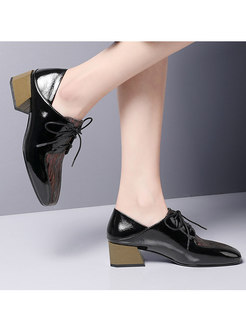 Square Head Thick Heel Color-blocked Leather Shoes 