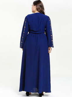 Plus Size Lantern Sleeve Embroidered Maxi Dress