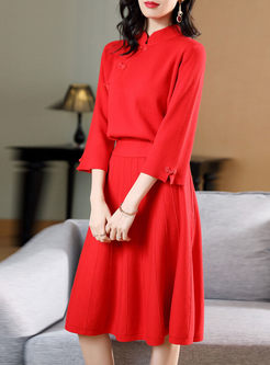 Red Mandarin Collar A Line Sweater Suit Dress
