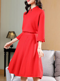 Red Mandarin Collar A Line Sweater Suit Dress