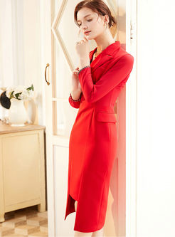 Red Notched Long Sleeve Bodycon Asymmetric Dress