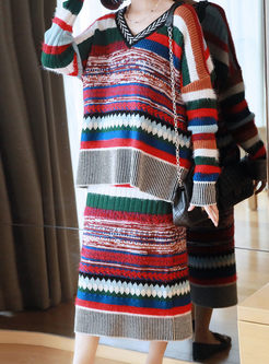 V-neck Long Sleeve Stripe Midi Skirt Suits