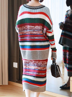 V-neck Long Sleeve Stripe Midi Skirt Suits