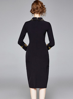 Black Doll Collar Embroidered Pencil Dress