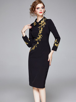 Black Doll Collar Embroidered Pencil Dress