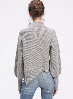 Mock Neck Irregular Pullover Knit Sweater 