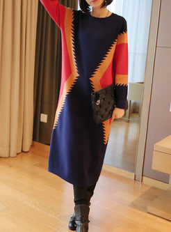 Color-blocked Long Sleeve Sweater Dress
