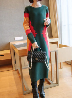 Color-blocked Long Sleeve Sweater Dress