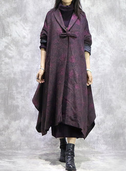 V-neck Print Irregular Loose Wool Blend Overcoat
