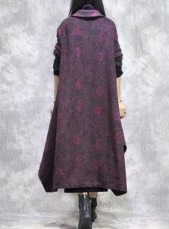V-neck Print Irregular Loose Wool Blend Overcoat