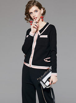Color-blocked Lapel Palazzo Sweater Pant Suits