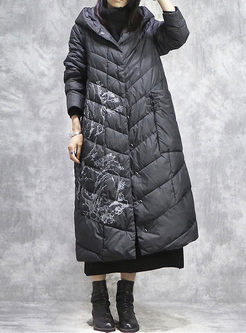 Hooded Embroidered Loose Long Puffer Coat
