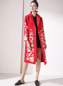Notched Embroidered Loose Wool Blended Coat