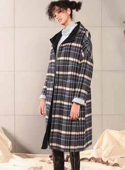 Hooded Plaid Slit Knee-length Cashmere Coat