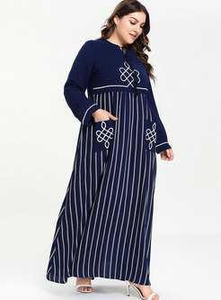 Plus Size Striped Patchwork Embroidered Maxi Dress