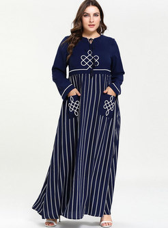 Plus Size Striped Patchwork Embroidered Maxi Dress