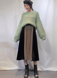 Elastic Waisted Pleated Color-blocked A Line Skirt