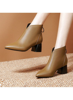 Thick Heel Pointed Head Short Leather Chelsea Boots