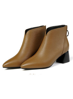 Thick Heel Pointed Head Short Leather Chelsea Boots