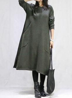 A Line Loose Sweater Dress With Pocket