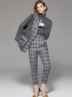 Gray Patchwork Plaid Pant Suits