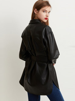 Black Single-breasted Leather Coat With Belt