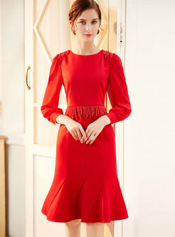 Solid Color Long Sleeve Bodycon Peplum Dress