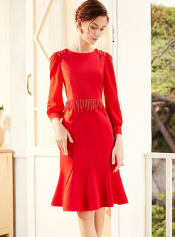 Solid Color Long Sleeve Bodycon Peplum Dress