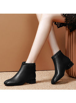 Solid Color Square Head Low Heel Short Boots