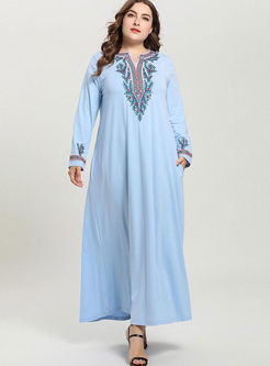Plus Size Embroidered Long Sleeve Maxi Dress