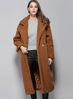 Solid Color Notched Cocoon Long Teddy Coat