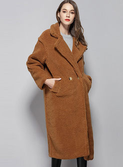 Solid Color Notched Cocoon Long Teddy Coat