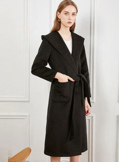 Solid Color Hooded Coat With Belt