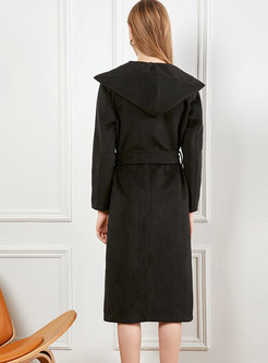 Solid Color Hooded Coat With Belt