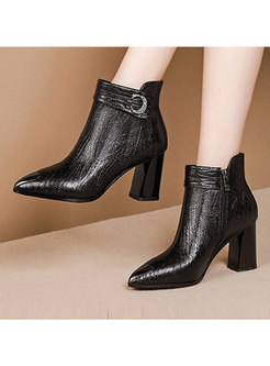 Thick Heel Pointed Head Short Plush Leather Boots