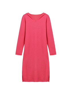 Solid Color Hooded Straight Sweater Dress