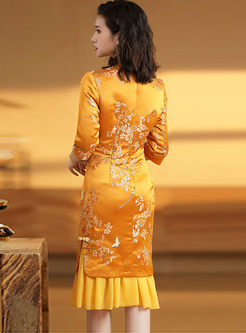 Mandarin Collar Half Sleeve Jacquard Bodycon Dress