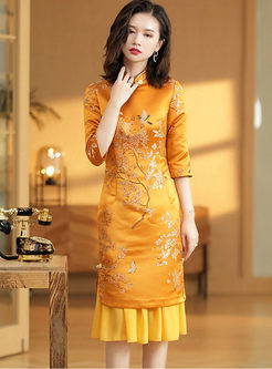 Mandarin Collar Half Sleeve Jacquard Bodycon Dress