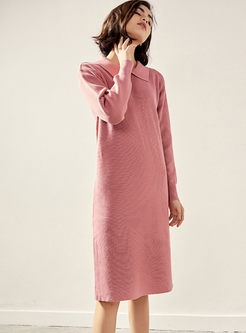 Solid Color Lapel Slim Sweater Dress