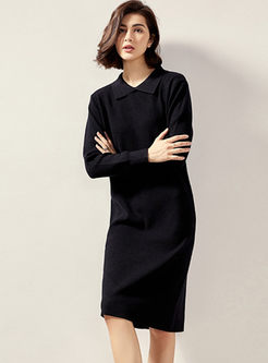 Solid Color Lapel Slim Sweater Dress