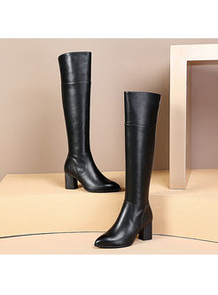 Black Pointed Head Chunky Heel Long Boots