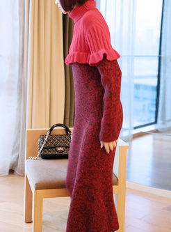 Turtleneck Color-blocked Falbala Sweater Dress