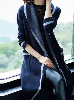 Fashionable Hooded Color-blocked Knitted Coat