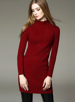 Solid Color Mock Neck Pullover Slim Sweater