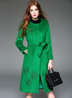 Green Crew Neck Embroidered Wool Blended Coat