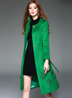 Green Crew Neck Embroidered Wool Blended Coat