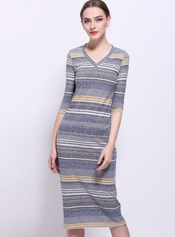 Color-blocked Striped Bodycon Sweater Dress