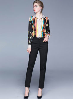 Lapel Striped Single-breasted Print Blouse