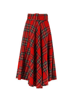 Red High Waisted Plaid A Line Skirt