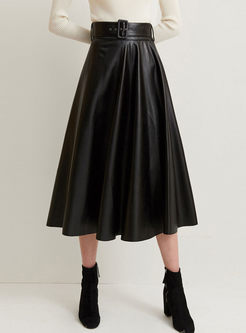 Black High Waisted PU A Line Skirt